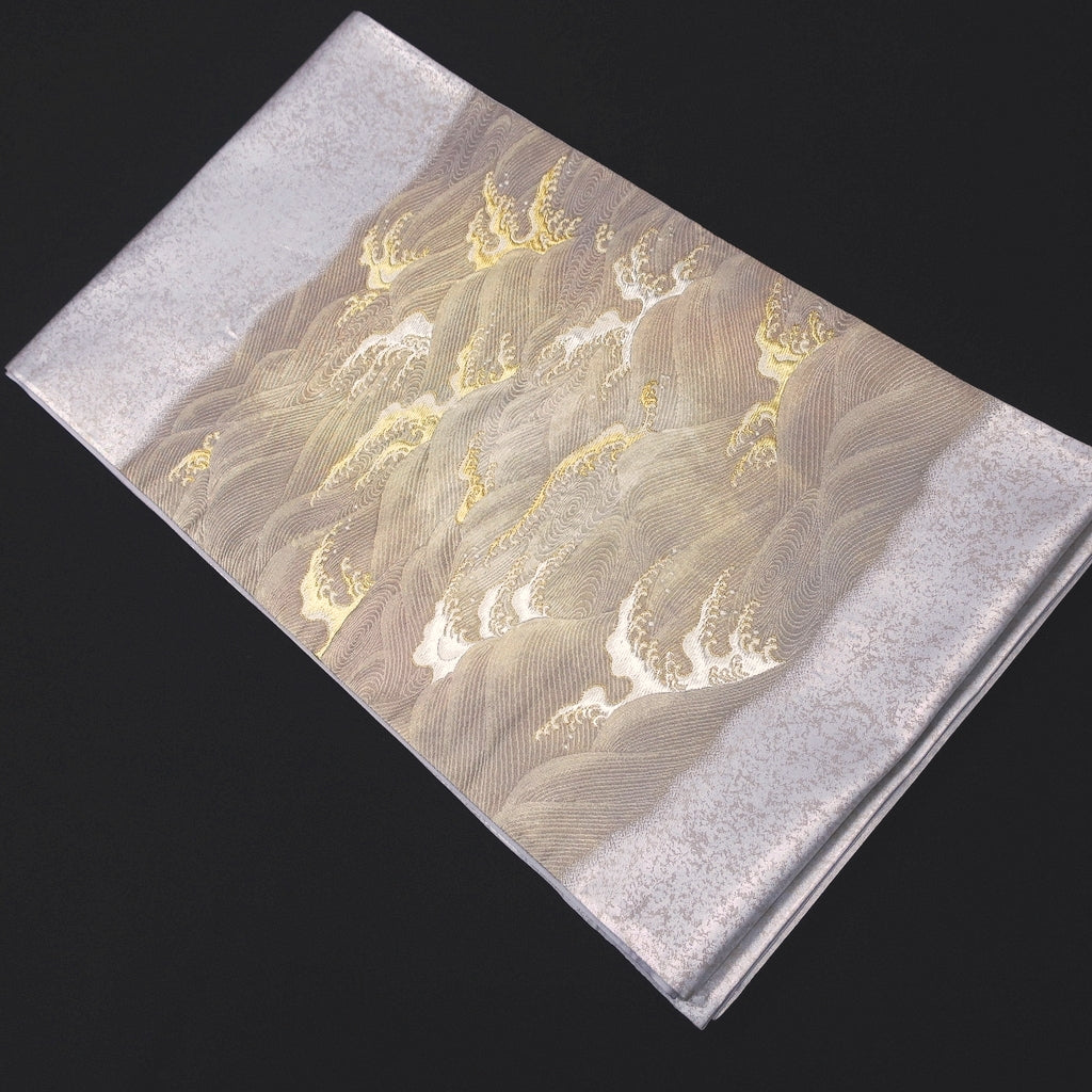 Fukuro Obi Vintage(1950-1980) Silver Gold Wave Silk BB196V2
