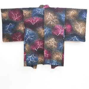 Haori Jacket Vintage(1950-1980) Black Blue Pink Tree Silk #9446G3