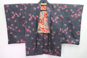 Haori Jacket Vintage(1920-1950) Dark Steel-gray Bellflower Meisen Silk #8339C4