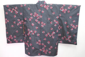 Haori Jacket Vintage(1920-1950) Dark Steel-gray Bellflower Meisen Silk #8339C4