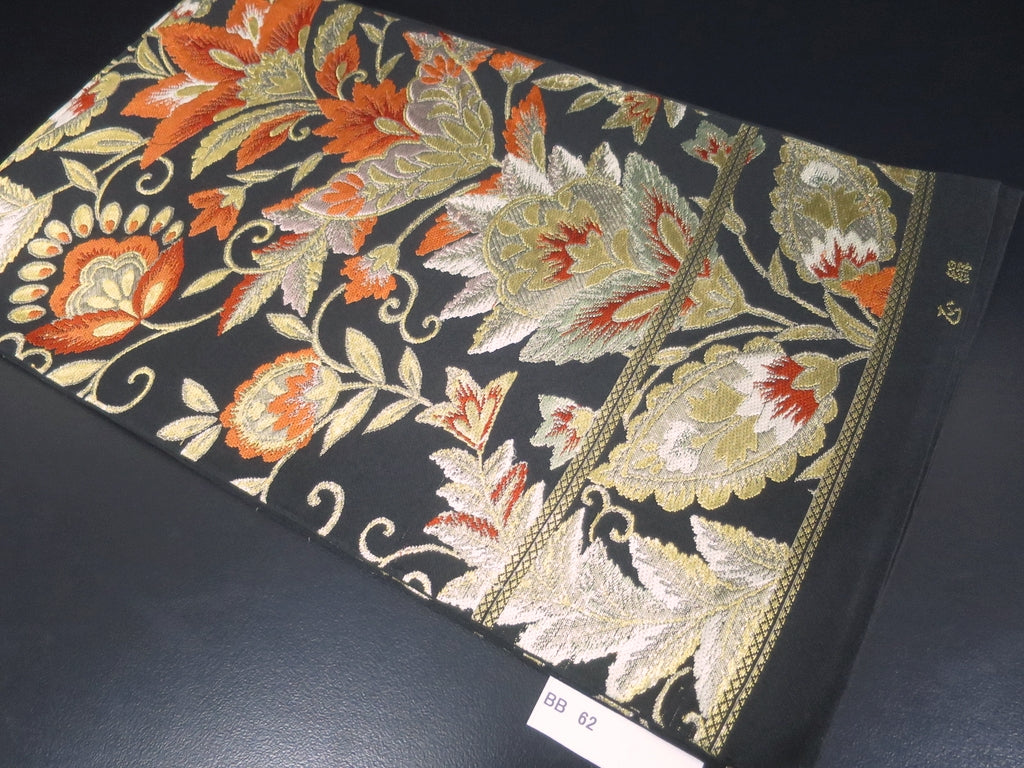 Fukuro Obi Vintage(1950-1980) Black Gold Flower Silk BB62W4