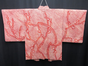 Haori Jacket Vintage(1950-1980) Red Full Shibori Ume Branch Silk #7653J2