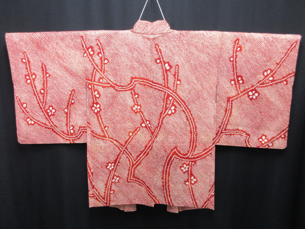 Haori Jacket Vintage(1950-1980) Red Full Shibori Ume Branch Silk #7653J2