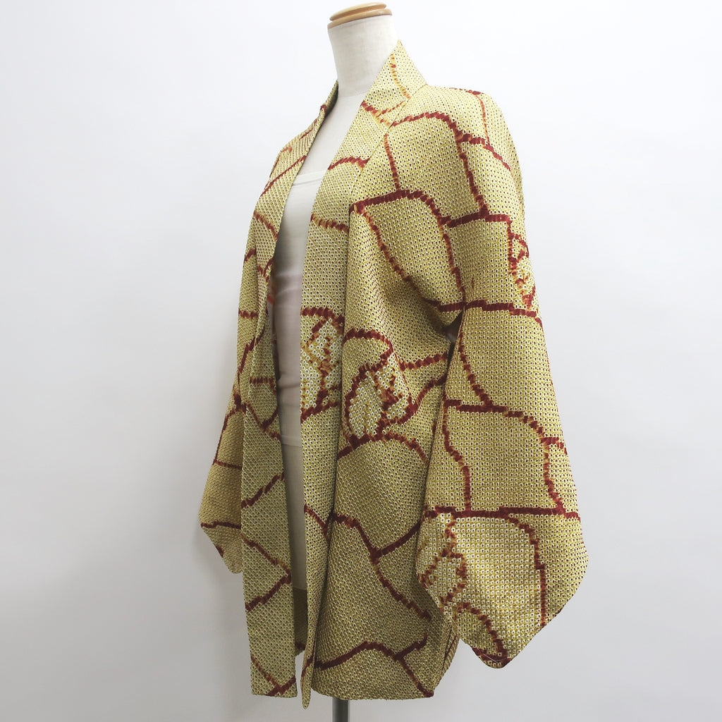 Haori Jacket Vintage(1950-1980) Yellow brown Full Shibori Tree Mountain Silk #9068D2