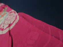 Load image into Gallery viewer, MKF#232 Silk Kimono Fabric Vintage(1920-1950) Flower Rinzu Red 55.9x12.2in(142x31cm)
