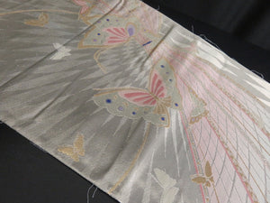 BB8232AA Silk Obi Fabric Vintage(1950-1980) Butterfly Silver Pink 105.1x12.2in(267x31cm)