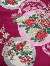 Load image into Gallery viewer, MKF#232 Silk Kimono Fabric Vintage(1920-1950) Flower Rinzu Red 55.9x12.2in(142x31cm)

