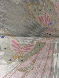 BB8232AA Silk Obi Fabric Vintage(1950-1980) Butterfly Silver Pink 105.1x12.2in(267x31cm)