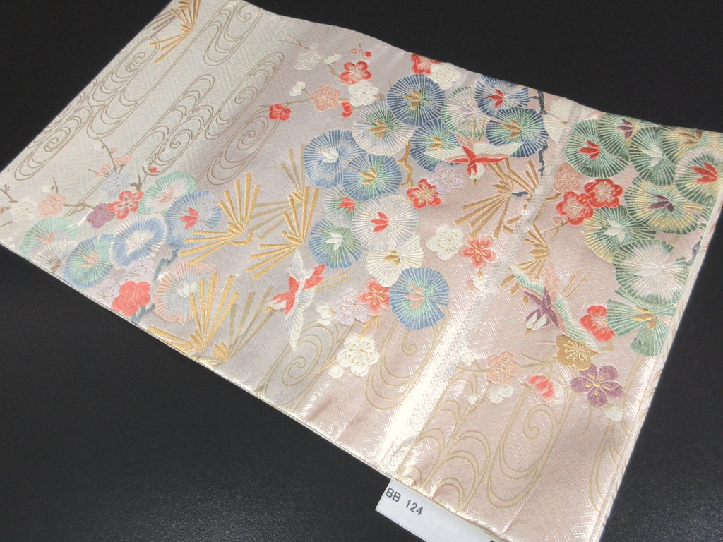 Fukuro Obi Silver Pink Gold Plum blossom Birds Pine Tree Silk BB124W8