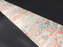 Load image into Gallery viewer, Fukuro Obi Silver Pink Gold Plum blossom Birds Pine Tree Silk BB124W8

