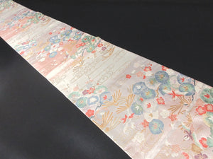 Fukuro Obi Silver Pink Gold Plum blossom Birds Pine Tree Silk BB124W8