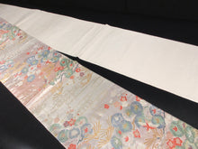 Load image into Gallery viewer, Fukuro Obi Silver Pink Gold Plum blossom Birds Pine Tree Silk BB124W8
