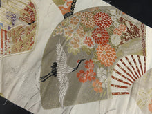 Load image into Gallery viewer, BB8309AE Silk Obi Fabric Vintage(1920-1950) Folding Fan Crane Birds Off white Gold 44.5x12.2in(113x31cm)
