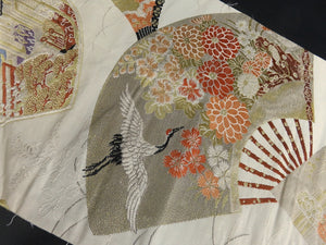 BB8309AE Silk Obi Fabric Vintage(1920-1950) Folding Fan Crane Birds Off white Gold 44.5x12.2in(113x31cm)