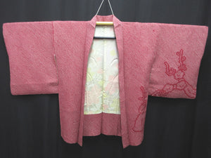 Haori Jacket Vintage(1950-1980) Red Full Shibori Plum blossom Silk #7596H4