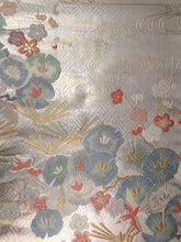 Load image into Gallery viewer, Fukuro Obi Silver Pink Gold Plum blossom Birds Pine Tree Silk BB124W8

