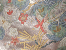 Load image into Gallery viewer, Fukuro Obi Silver Pink Gold Plum blossom Birds Pine Tree Silk BB124W8
