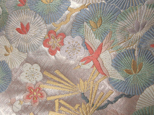 Fukuro Obi Silver Pink Gold Plum blossom Birds Pine Tree Silk BB124W8