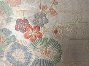 Fukuro Obi Silver Pink Gold Plum blossom Birds Pine Tree Silk BB124W8