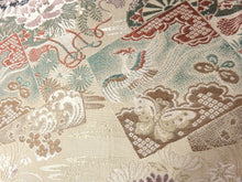 Load image into Gallery viewer, MOF#219 Silk Obi Fabric Vintage(1920-1950) Flower Bird Beige 20.5x11.8in(52x30cm)
