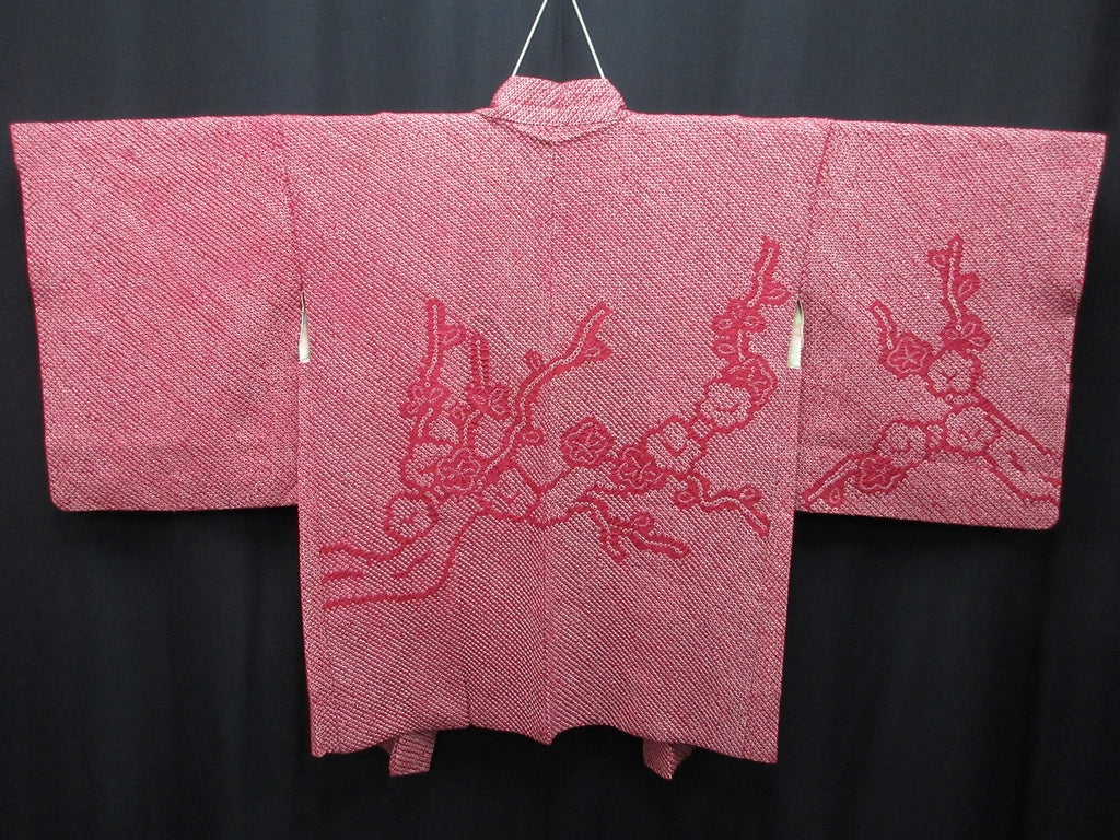 Haori Jacket Vintage(1950-1980) Red Full Shibori Plum blossom Silk #7596H4