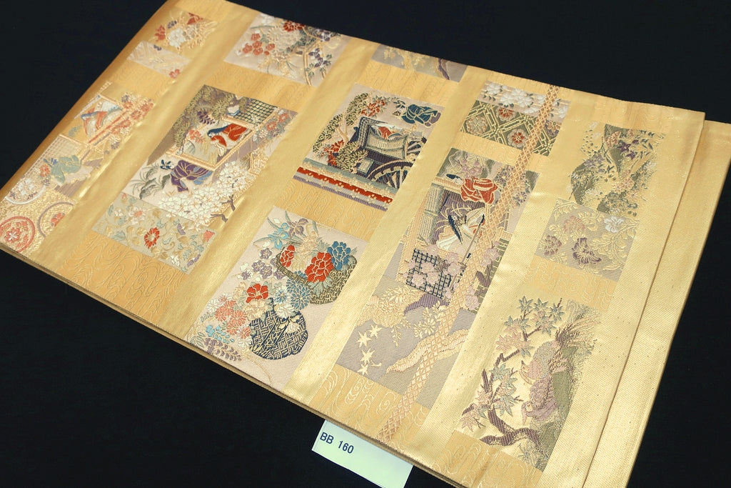 Fukuro Obi Gold Heian Period Aristocrats Plum blossom Silk BB160W1