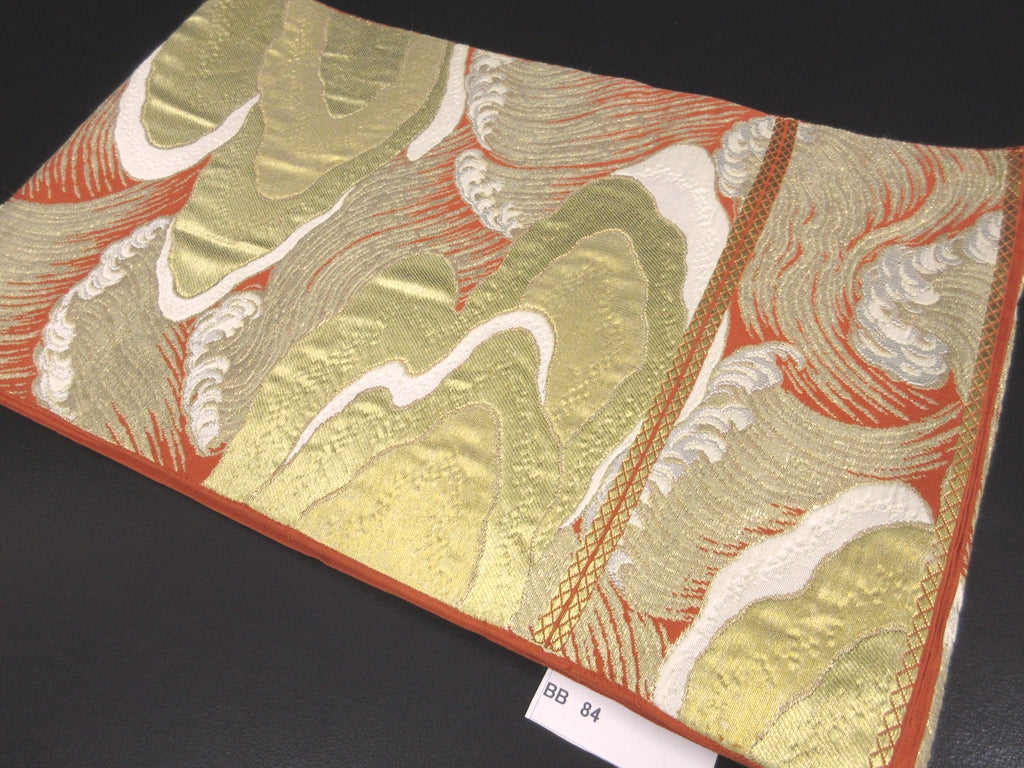 Fukuro Obi Vintage(1950-1980) Vermillion Gold White Wave Silk BB84W5