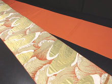 Load image into Gallery viewer, Fukuro Obi Vintage(1950-1980) Vermillion Gold White Wave Silk BB84W5
