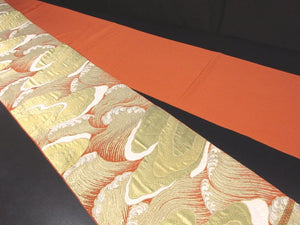 Fukuro Obi Vintage(1950-1980) Vermillion Gold White Wave Silk BB84W5