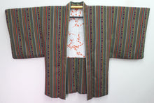 Load image into Gallery viewer, Haori Jacket Green Navy Vermillion Stripes Chirimen Rayon #8303C2
