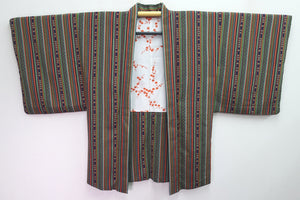 Haori Jacket Green Navy Vermillion Stripes Chirimen Rayon #8303C2