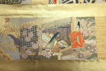 Load image into Gallery viewer, Fukuro Obi Gold Heian Period Aristocrats Plum blossom Silk BB160W1
