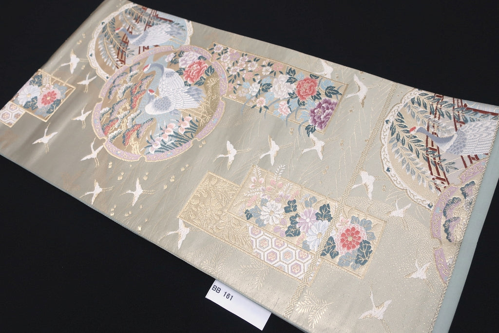 Fukuro Obi Gold Crane Birds Chrysanthemum Silk BB161W1