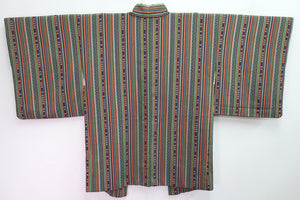Haori Jacket Green Navy Vermillion Stripes Chirimen Rayon #8303C2