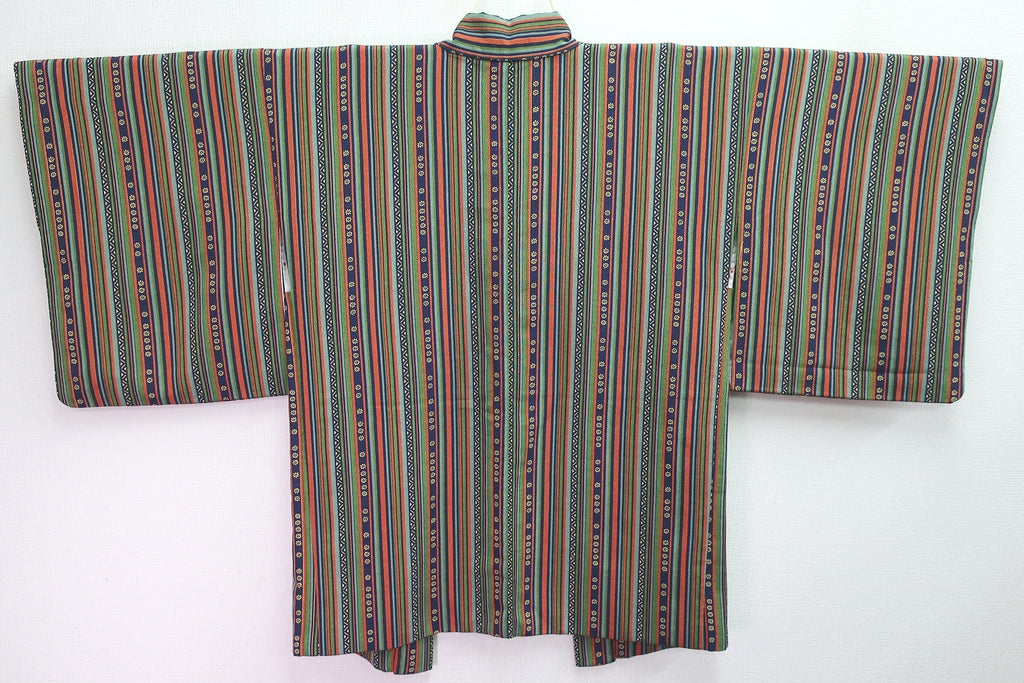 Haori Jacket Green Navy Vermillion Stripes Chirimen Rayon #8303C2