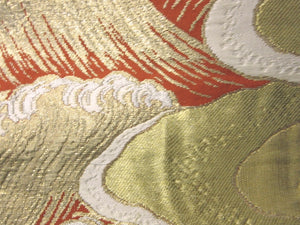Fukuro Obi Vintage(1950-1980) Vermillion Gold White Wave Silk BB84W5