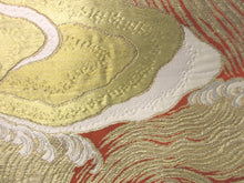 Load image into Gallery viewer, Fukuro Obi Vintage(1950-1980) Vermillion Gold White Wave Silk BB84W5
