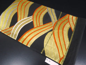 Fukuro Obi Vintage(1950-1980) Black Gold Vermillion Wave Silk BB64W4