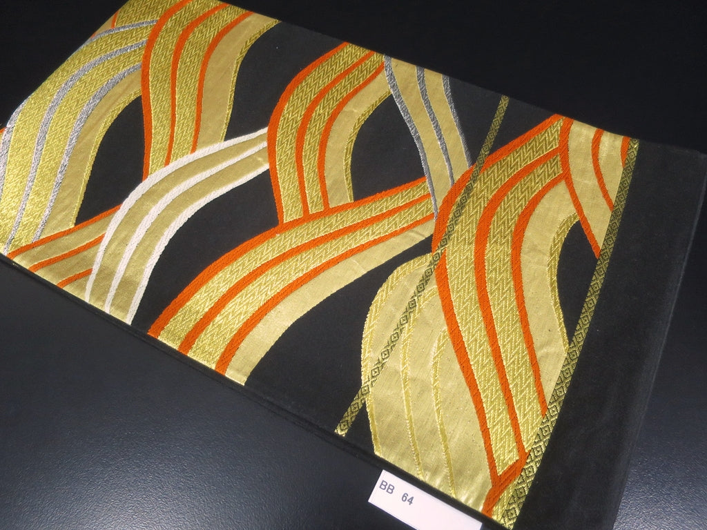 Fukuro Obi Vintage(1950-1980) Black Gold Vermillion Wave Silk BB64W4