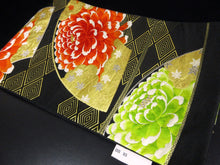 Load image into Gallery viewer, Fukuro Obi Vintage(1950-1980) Black Gold Chrysanthemum Silk BB85W5
