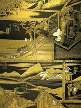 Load image into Gallery viewer, Fukuro Obi Black Gold Hiroshige Toukaido53Tsugi Ukiyoe Zentsu Silk BB126W8
