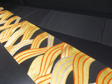 Load image into Gallery viewer, Fukuro Obi Vintage(1950-1980) Black Gold Vermillion Wave Silk BB64W4
