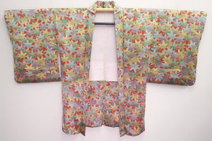 Haori Jacket Vintage(1950-1980) Vermillion Pale Green Pale Yellow Momijizukushi Shiny Rinzu Silk #8304C2