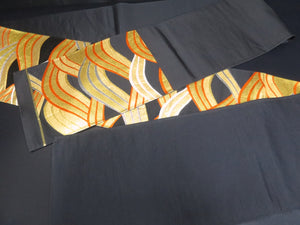 Fukuro Obi Vintage(1950-1980) Black Gold Vermillion Wave Silk BB64W4