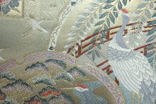 Load image into Gallery viewer, Fukuro Obi Gold Crane Birds Chrysanthemum Silk BB161W1
