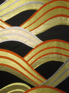 Fukuro Obi Vintage(1950-1980) Black Gold Vermillion Wave Silk BB64W4