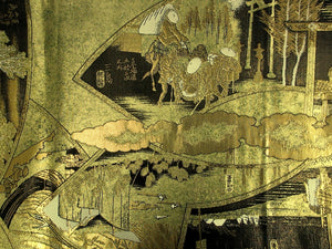 Fukuro Obi Black Gold Hiroshige Toukaido53Tsugi Ukiyoe Zentsu Silk BB126W8