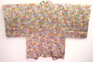 Haori Jacket Vintage(1950-1980) Vermillion Pale Green Pale Yellow Momijizukushi Shiny Rinzu Silk #8304C2