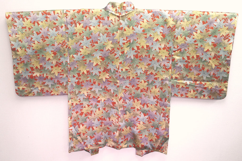 Haori Jacket Vintage(1950-1980) Vermillion Pale Green Pale Yellow Momijizukushi Shiny Rinzu Silk #8304C2