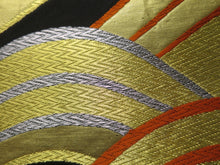 Load image into Gallery viewer, Fukuro Obi Vintage(1950-1980) Black Gold Vermillion Wave Silk BB64W4
